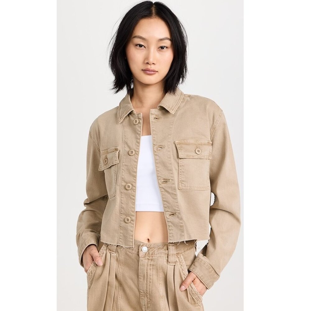 Amo Carly Khaki Low Stretch Denim Jacket with Raw Cropped Hem Sells $325 Small